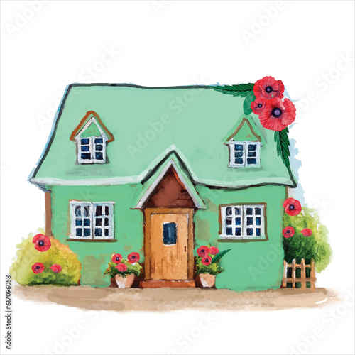 watercolor house vector, green house with flowers
