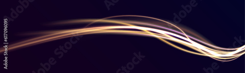 Speed effect motion 3d  neon light trails made with ultra violet and blue laser light. Semicircular wave, light trail curve swirl, incandescent optical fiber png vector.	