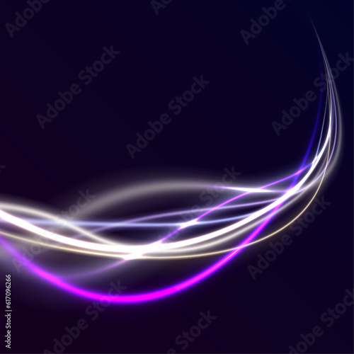 High speed abstraction. Wavy glowing bright smooth curved lines. Shining golden thin lines. Energy twirl. Neon laser wave swirl, glowing light effect, blue and purple trail. Light trail wave vector. 