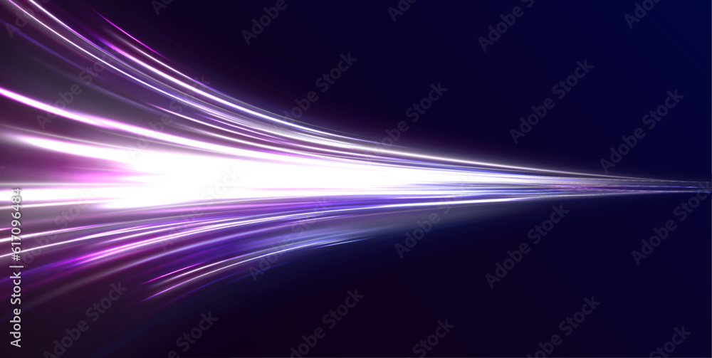 Purple and blue glowing wave swirl, impulse cable line. Abstract vector neon wave. Light lines of movement and speed with white color glitters. Bright sparkling background. Laser beams.	