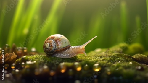 Snail crawing over green meadow with dew photo