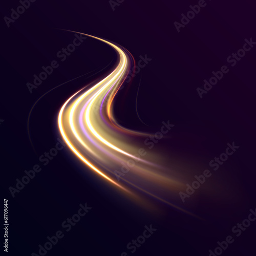 Purple and blue glowing wave swirl, impulse cable line. Abstract vector neon wave. Light lines of movement and speed with white color glitters. Bright sparkling background. Laser beams. 