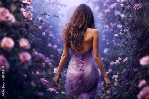 Woman in purple dress with flower design walking between rose bushes. Pink and purple hues.