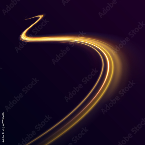 Yellow swirl, curved curve effect. Shiny wavy trail. Twist yellow line. Rotating shining rings. Swirling glow dynamic neon circles. Abstract light speed motion effect. Vector PNG.	