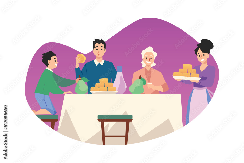 Happy family eating mooncake together, flat vector illustration isolated on white background.