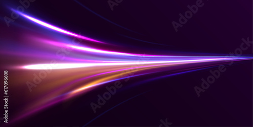 Luminous gold circle. Light trail curve swirl, incandescent optical fiber png. Neon laser wave swirl. Cyber futuristic divider border. Purple and blue beam. Golden glowing spiral lines vector. © Vitalii