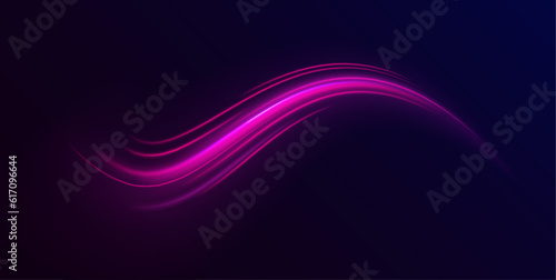 Dynamic translucent soft gradient stream motion. Violet neon color wave. Blue glowing shiny lines effect vector background. Light trail wave, fire path trace line and incandescence curve twirl. 
