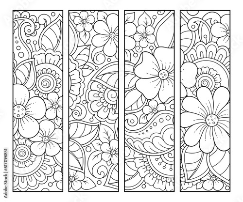 Printable bookmark for book - coloring. Set of black and white labels with flower patterns, hand draw in mehndi style. Sketch of ornaments for creativity of children and adults with colored pencils.
