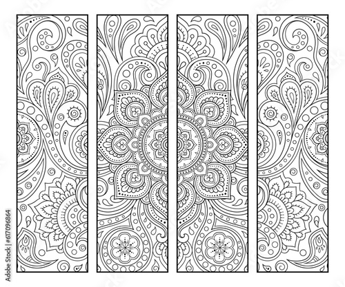Printable bookmark for book - coloring. Set of black and white labels with flower patterns, hand draw in mehndi style. Sketch of ornaments for creativity of children and adults with colored pencils.