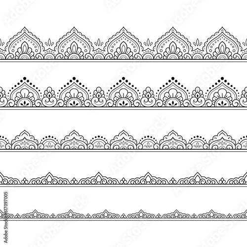 Set of Seamless borders pattern for Mehndi, Henna drawing and tattoo. Decoration in ethnic oriental, Indian style. Doodle ornament. Outline hand draw vector illustration.