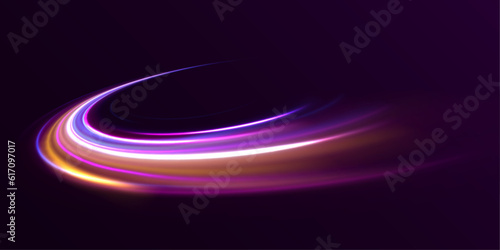 Neon blurred circles in motion. PNG vector light pink and purple lines swirling in a spiral. Vector vortex wake effect. Electric swirl lines, neon light effect. Abstract magic energy waves.	