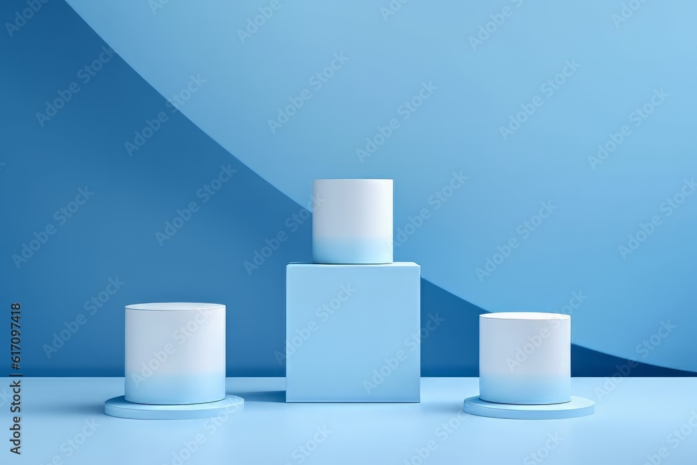 Geometrically shaped podium for product presentation. Monochrome platform with a blue background. Elegant presenting environment, simple attire. Geometrically shaped podium for product presentation. Monochrome platform with a blue background. Elegant presenting environment, simple attire.