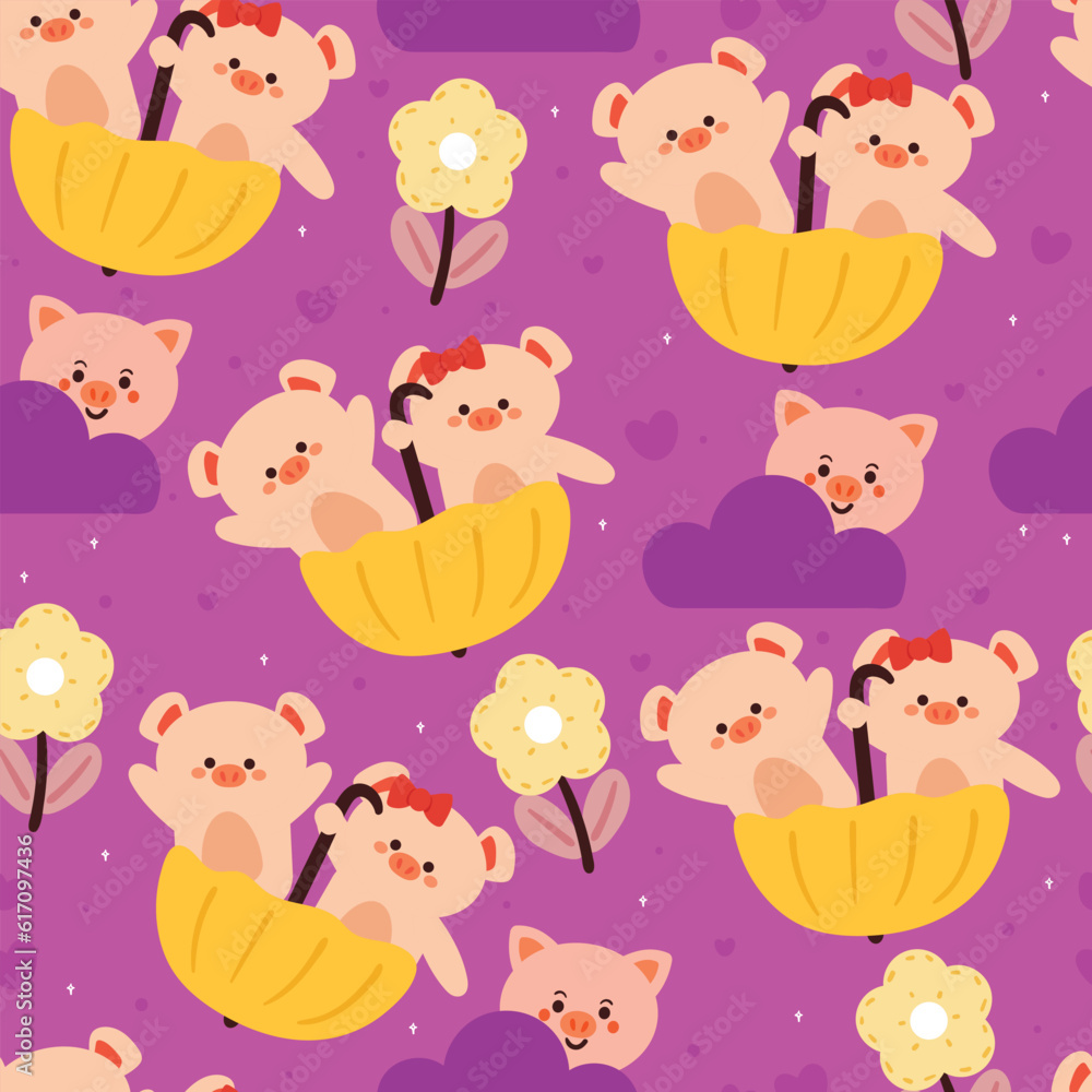 seamless pattern cartoon pig playing with umbrella. cute animal wallpaper for textile, gift wrap paper