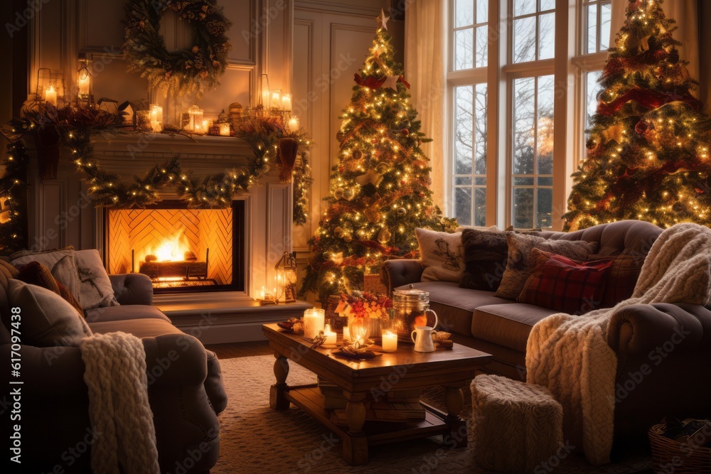 A cozy living room with a crackling fireplace, adorned with stockings, garlands, and flickering candles, evoking a sense of warmth and comfort during the holidays. Generative Ai A cozy living room with a crackling fireplace, adorned with stockings, garlands, and flickering candles, evoking a sense of warmth and comfort during the holidays. Generative Ai