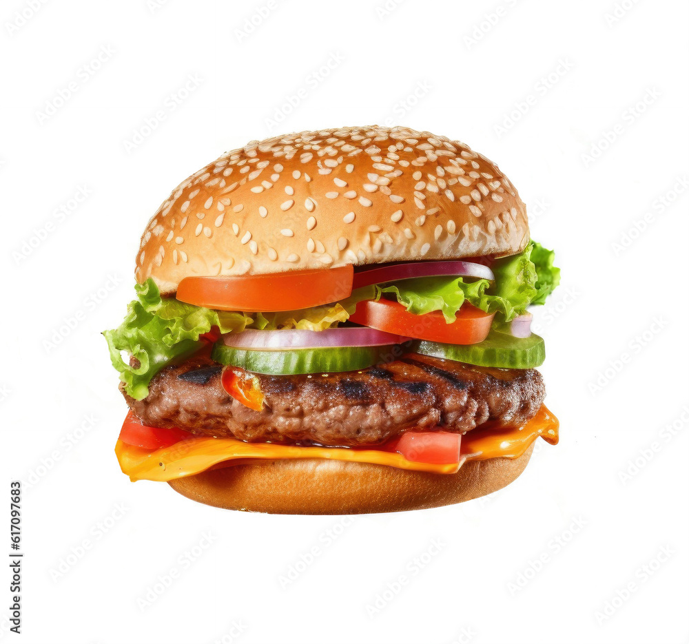 Fresh tasty burger isolated on white background. Generative AI Fresh tasty burger isolated on white background. Generative AI