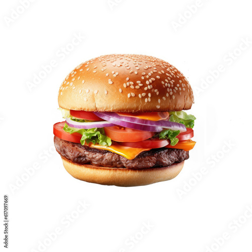 Fresh tasty burger isolated on white background. Generative AI