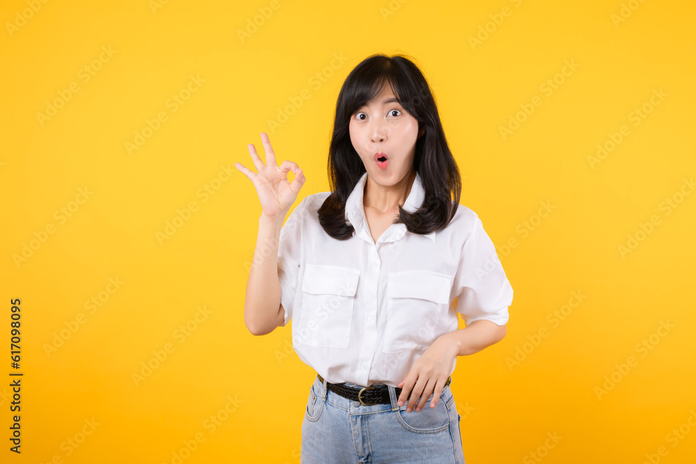 Young businesswoman hand sign okay gesture. Asian woman happy smile wearing white shirt and jean denim plants showing okay sign hand gesture isolated on yellow background. Young businesswoman hand sign okay gesture. Asian woman happy smile wearing white shirt and jean denim plants showing okay sign hand gesture isolated on yellow background.