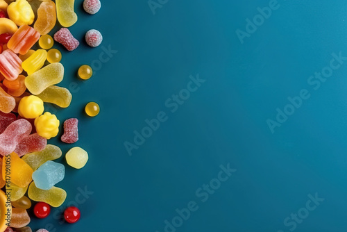 different candy lay flat over blue a vibrant studio background with space for text