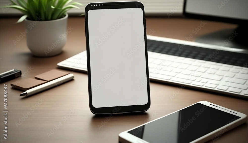 Smartphone with blank white screen on office desk background Smartphone with blank white screen on office desk background