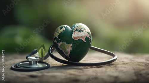 World Health Day. Global Health Awareness Concept Handmade Globe inside Stethoscope. Generative Ai photo