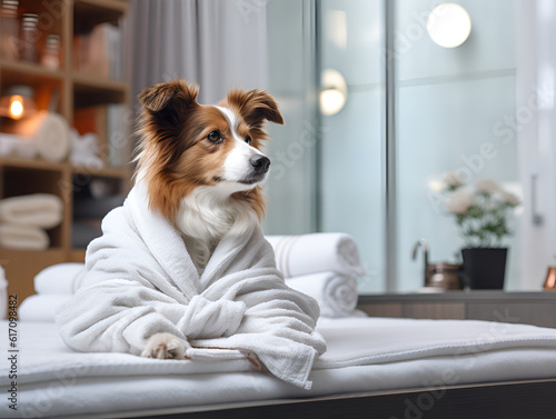 Border collie dog in a grooming salon after a shower wrapped in a towel. Dog in a bathrobe resting on bed after taking bath in a luxury dog salon or dog hotel. Dog in bathrobe after shower. AI
