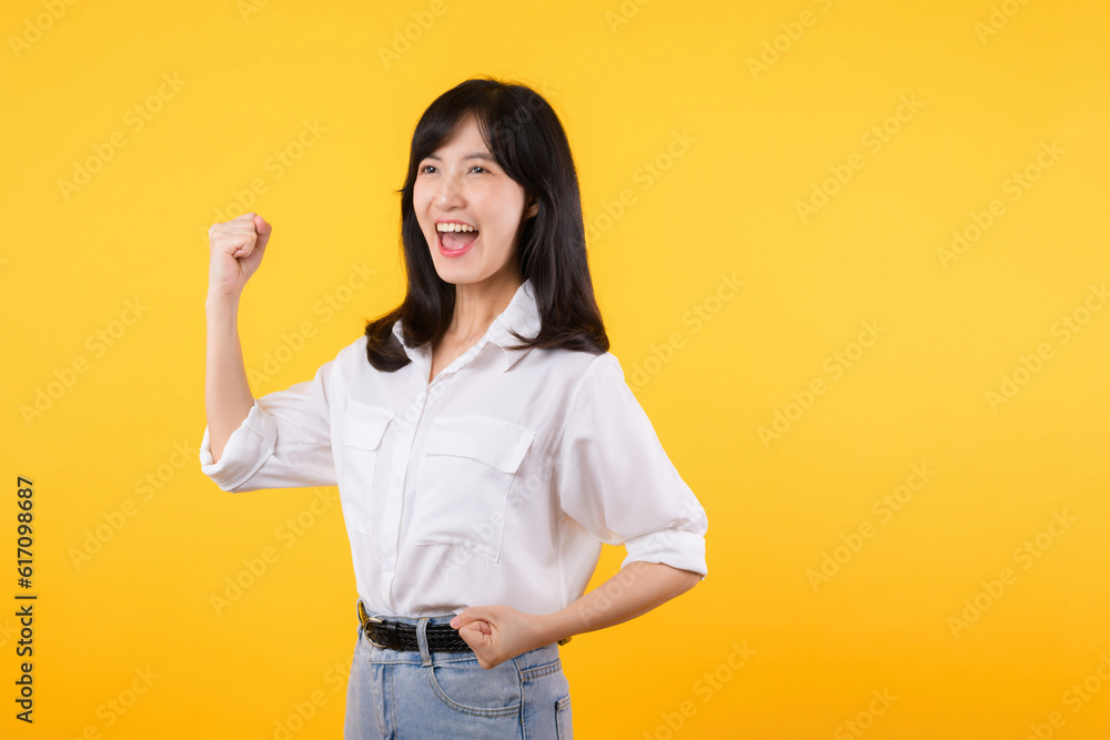 Portrait beautiful young asian woman happy smile with fist up victory gesture expression cheerful her success achievement against yellow studio background. Woman day winner celebration concept. Portrait beautiful young asian woman happy smile with fist up victory gesture expression cheerful her success achievement against yellow studio background. Woman day winner celebration concept.