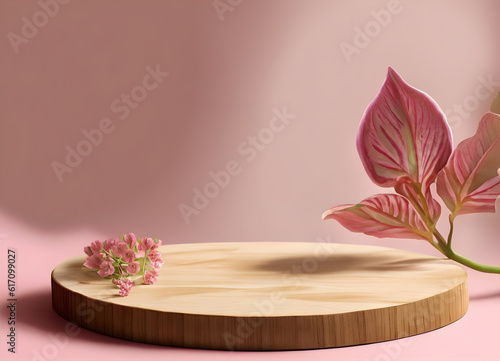 Wooden round podium with flowers and shadows on pastel background. Empty natural stand for presentation and exhibitions for organic cosmetic product. Mockup, AI Generative photo