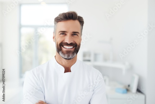 Caucasian man dentist smiling while standing in dental clinic, AI Generative