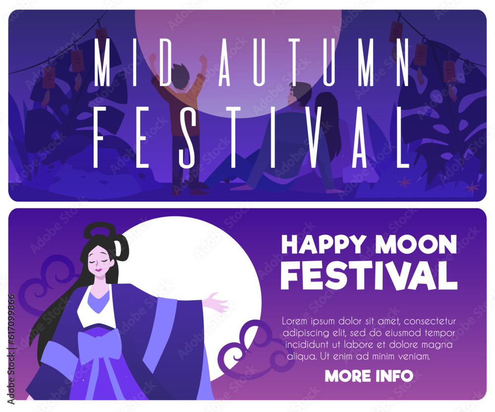Mid Autumn Festival advertising web banners set, flat vector illustration.