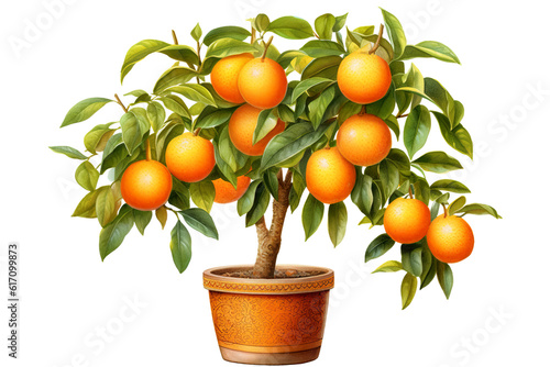 Beautiful ultra-realistic watercolor orange fruit potted tree with ultra-realistic leaves and ultra-realistic orange fruit beautifully detailed