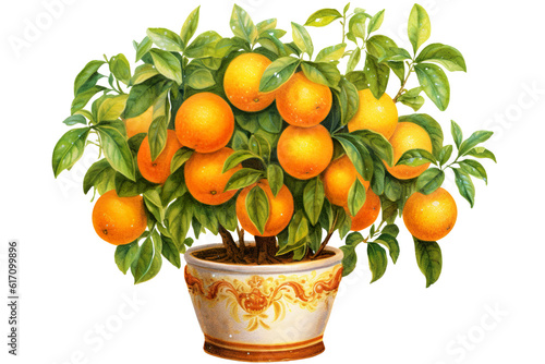 Beautiful ultra-realistic watercolor orange fruit potted tree with ultra-realistic leaves and ultra-realistic orange fruit beautifully detailed