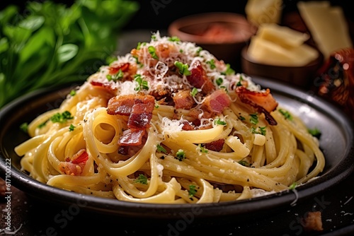 Pasta carbonara with parmesan cheese and bacon. Generative Ai image