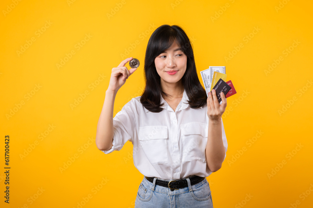 Capture the essence of digital currency with stunning portrait of young Asian woman confidently holds digital currency, cash, credit card, and smartphone. The digital currency concept. Capture the essence of digital currency with stunning portrait of young Asian woman confidently holds digital currency, cash, credit card, and smartphone. The digital currency concept.
