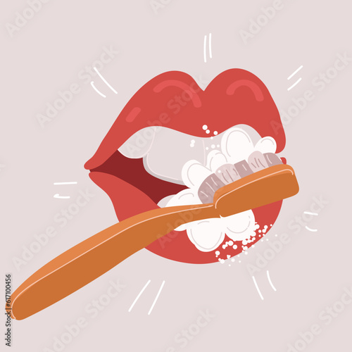 Vector illustration of How to brush your teeth. Toothbrush and toothpaste for oral hygiene. Clean white tooth. Healthy lifestyle and dental care. Female mouth