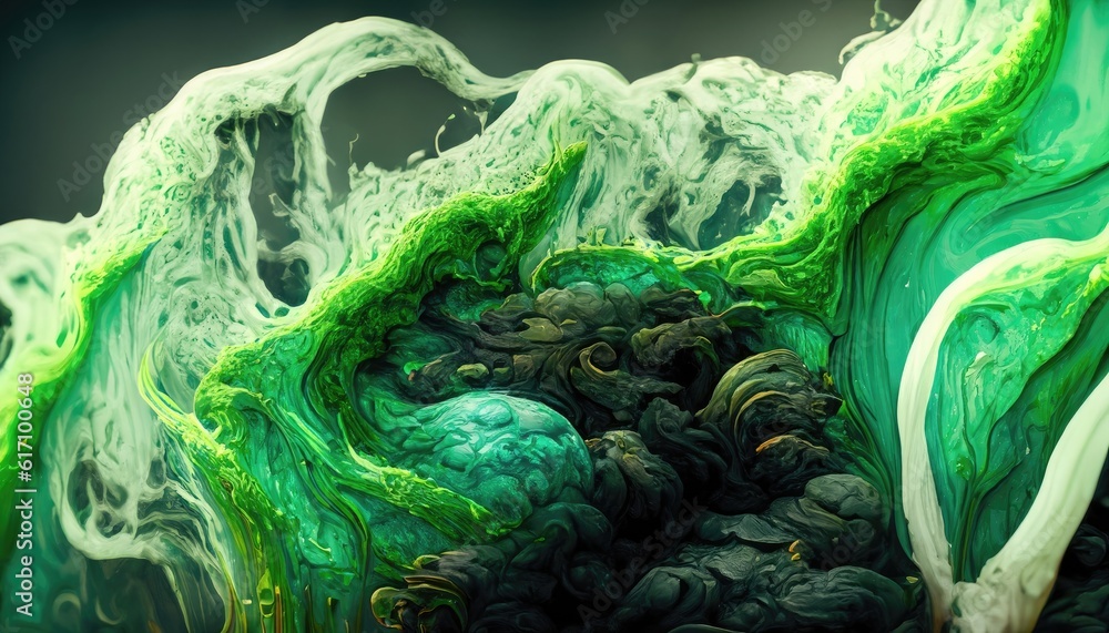 Obraz premium Stunning picture of white and green liquid ink blending together, with a fantastic quality and realistic texture. 3D digital illustration. Generative AI
