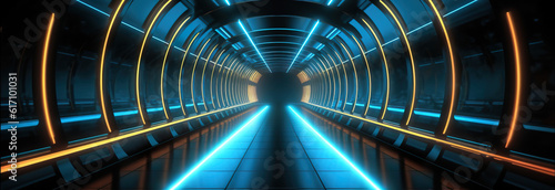 Futuristic city tunnel with bright blue neon lighting. Night scene in a city of a future. Cityscape in the style of cyberpunk. Photorealistic Generative AI illustration. 