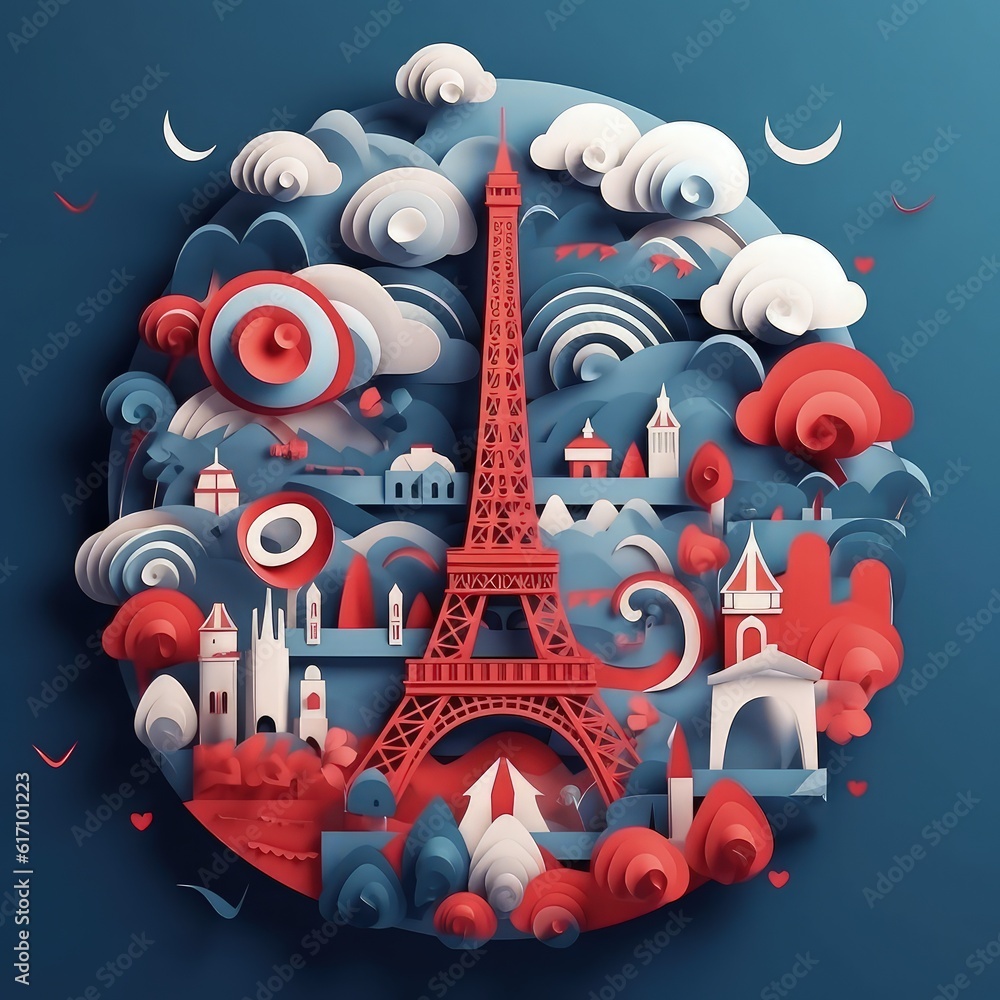 Obraz premium Bastille Day in Paper: 3D Paper Cut Craft Illustration with Minimalistic Elegance