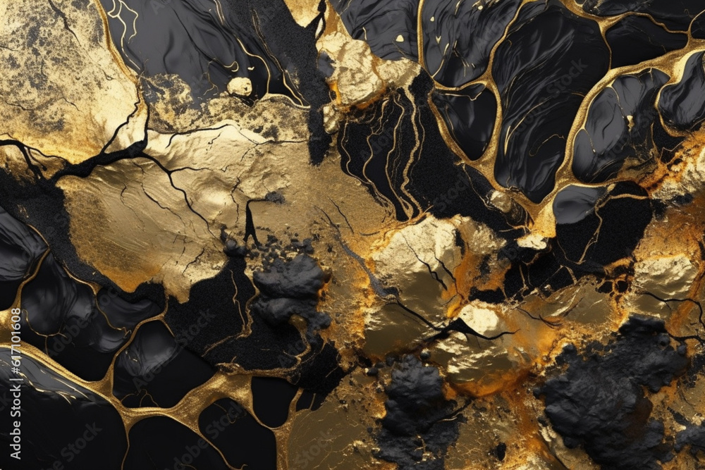 Luminous Reflections: Black and Gold Kintsugi Art Texture generative AI