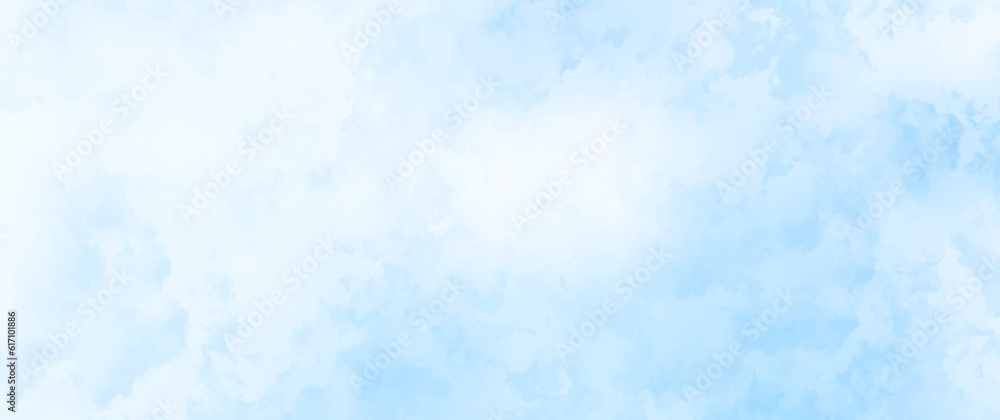 Blue vector watercolor art background with white clouds and blue sky. Hand drawn vector texture. Heaven. Watercolour banner. Abstract template for flyers, cards, poster, cover or design interior.	