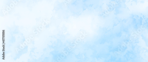 Blue vector watercolor art background with white clouds and blue sky. Hand drawn vector texture. Heaven. Watercolour banner. Abstract template for flyers, cards, poster, cover or design interior. 
