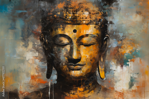 Oil painting Buddha face with abstract texture on background. Generative ai wall painting, meditation and art concept.