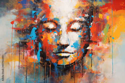 Oil painting Buddha face with abstract texture on background. Generative ai wall painting, meditation and art concept.