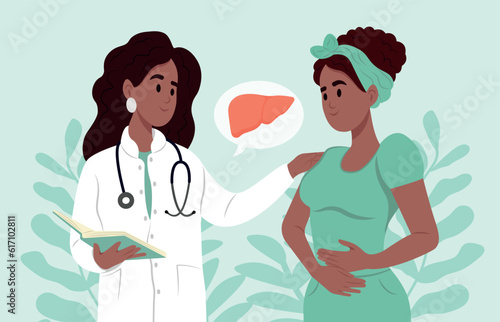 Hepatitis symptoms, diagnosis and treatment. A black family doctor talks to a patient about hepatitis. July is hepatitis awareness month. Consultation of a gastroenterologist.