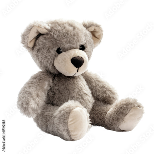 Cute grey teddy bear stuffed animal isolated on a transparent background