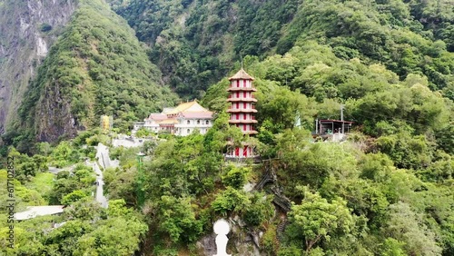 Aerial travelling around Xiangde Temple in Taroko National Park - Taiwan