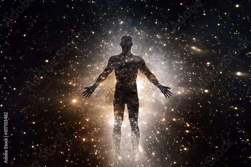 human figure floating in space, full of stars. concept origin of humanity and omnipresence. illustration.