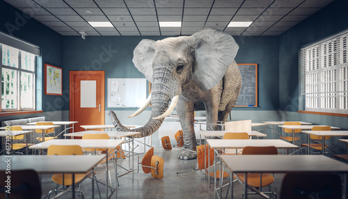 Tableau sur toile elephant inside a modern school classroom.