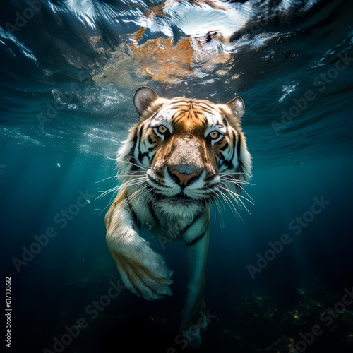 portrait of a tiger playing underwater
