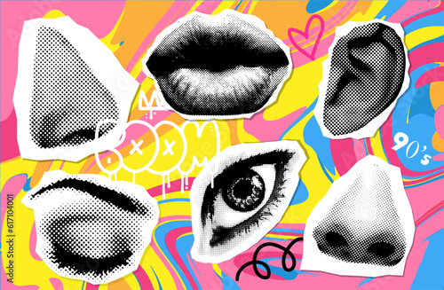 Retro halftone collage elements set for mixed media design. Eyes, lips, nose and ear in halftone texture style. Vector illustration of vintage grunge paper stickers.