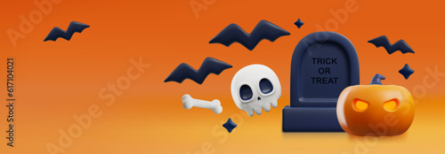 Banner backdrop for Halloween with 3D realistic symbols, vector illustration.